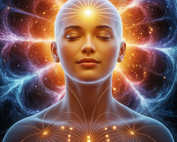 Meditative Figure in Cosmic Light and Colorful Energy