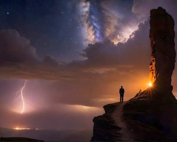 Solitary Figure on Cliff Under Starry Night Sky