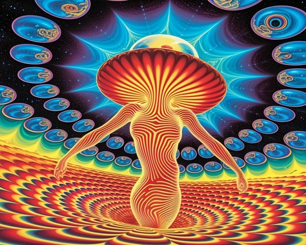 Surreal humanoid figure with mushroom cap in vibrant tunnel