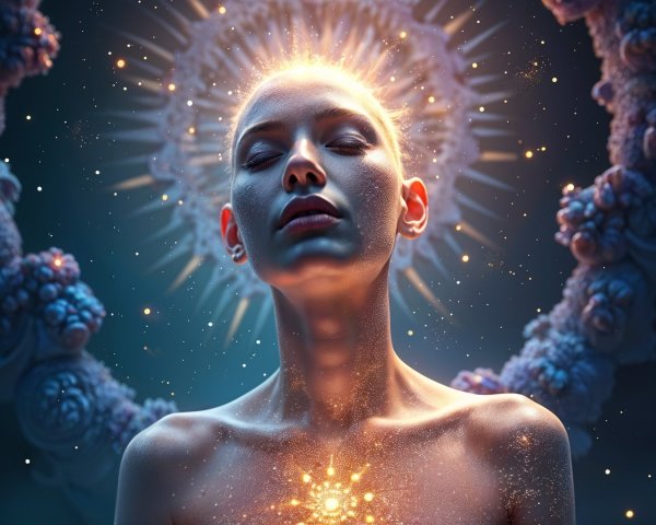 Serene figure in mystical setting with radiant light