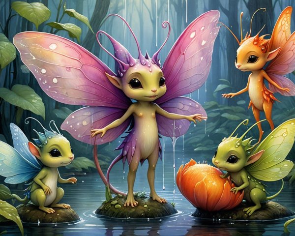 Colorful Fairies Gather in a Lush Forest Setting