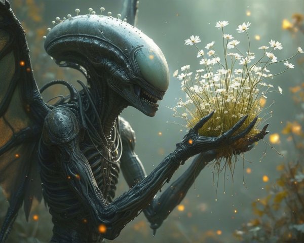 Futuristic Biomechanical Creature in Misty Forest