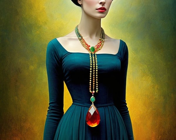 Young woman in deep green dress with ornate necklace