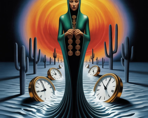 Mysterious Figure in Teal Robe Against Sunset Landscape