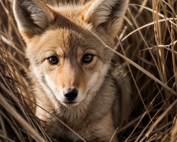 Young fox in golden grasses with curious gaze