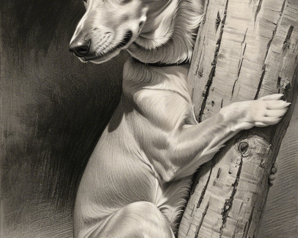 Monochromatic Illustration of a Gentle Dog by a Tree