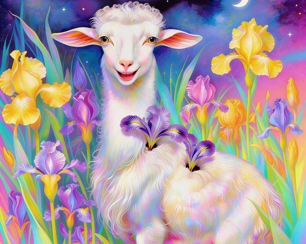 Dreamy Illustration of a White Lamb and Iris Flowers