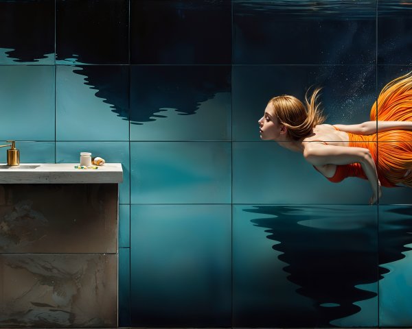 Underwater Scene with Woman and Modern Bathroom Elements