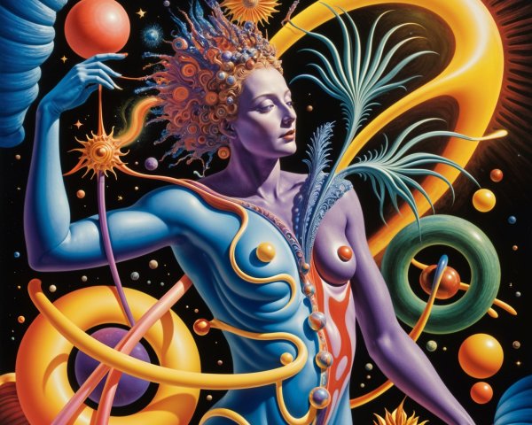 Surreal Figure with Blue Skin and Cosmic Elements