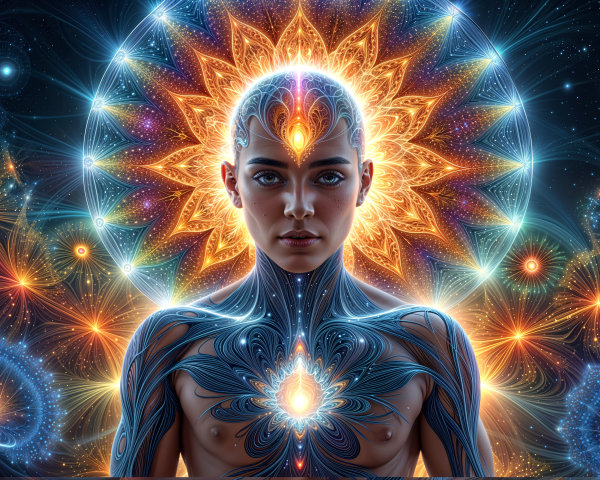 Serene Figure with Illuminated Head and Cosmic Patterns