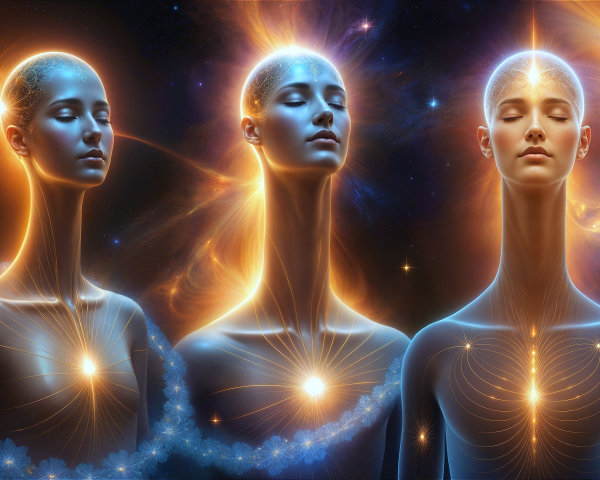 Ethereal Figures Surrounded by Cosmic Elements
