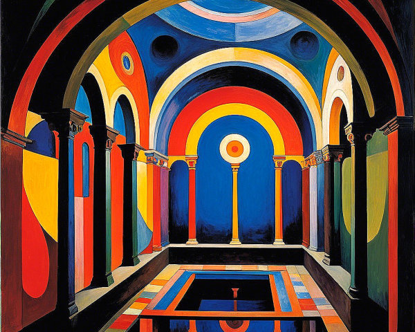 Vibrant Abstract Interior with Arched Structures and Colors