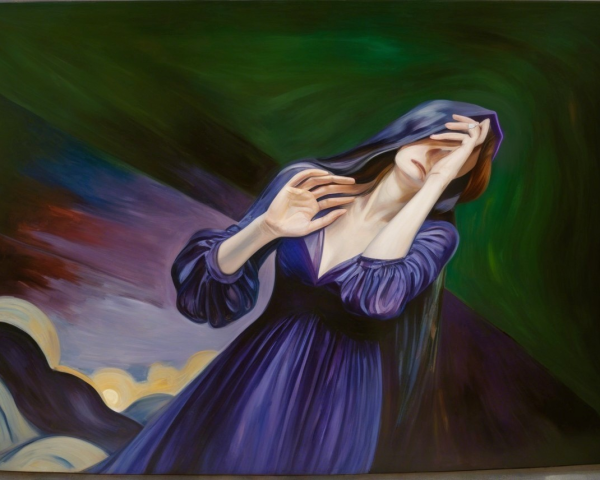 Woman in Purple Dress Against Swirling Green and Blue