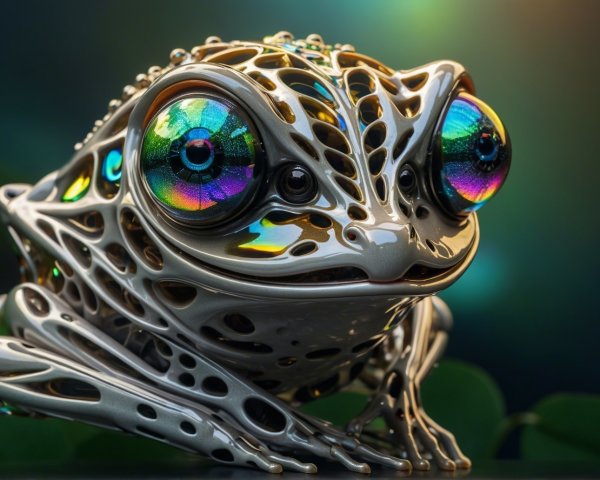 Futuristic Metallic Frog with Iridescent Eyes and Lattice
