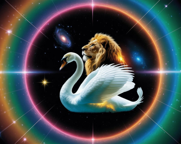 Surreal Scene of Lion and Swan Against Cosmic Background