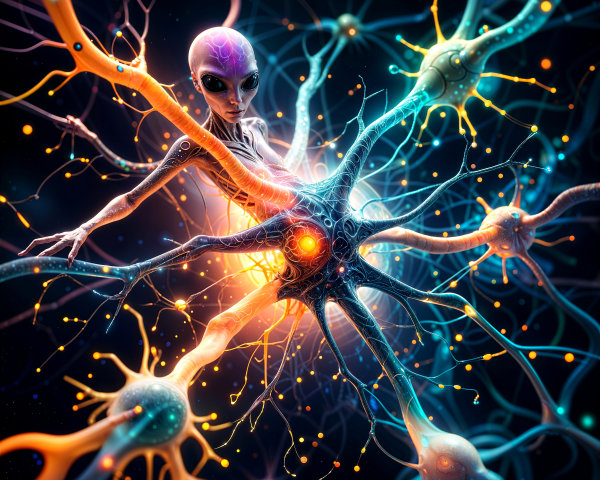 Surreal Alien Figure with Vibrant Neural Networks
