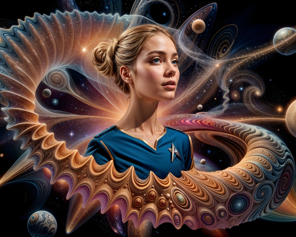Young woman in blue outfit against cosmic backdrop