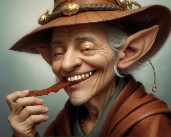 Elderly figure with pointed ears and jerky in teeth