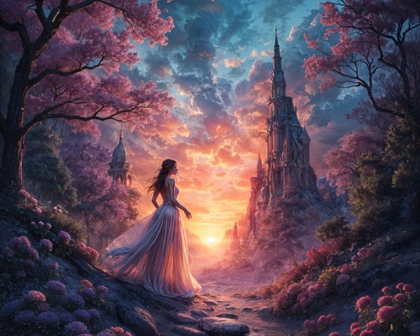 Twilight Landscape with Woman and Mystical Castle