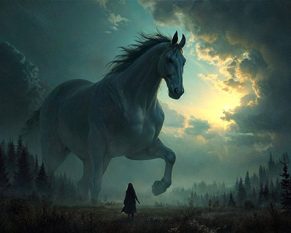Colossal White Horse in Mystical Forest Landscape