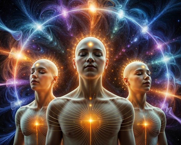 Serene Figures Meditating in a Cosmic Setting