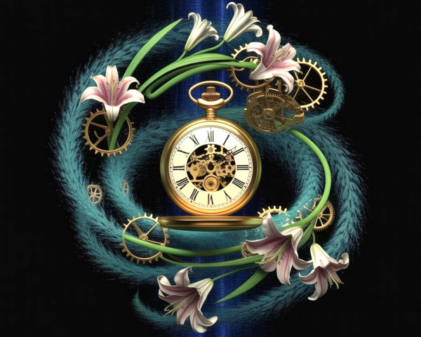 Vintage Pocket Watch with Gears and Pink Lilies