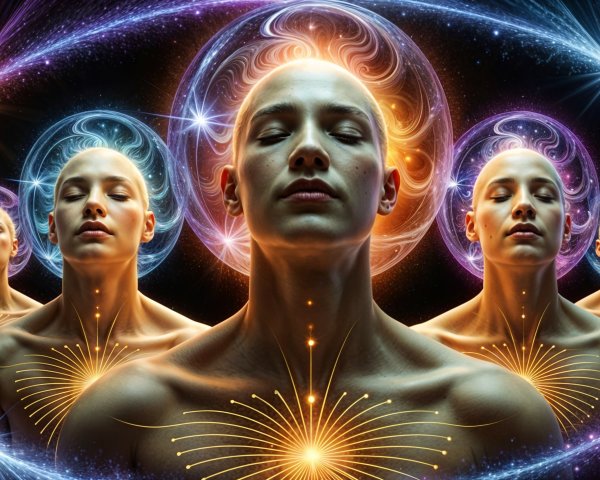 Surreal Artwork of Meditating Figures in Celestial Light