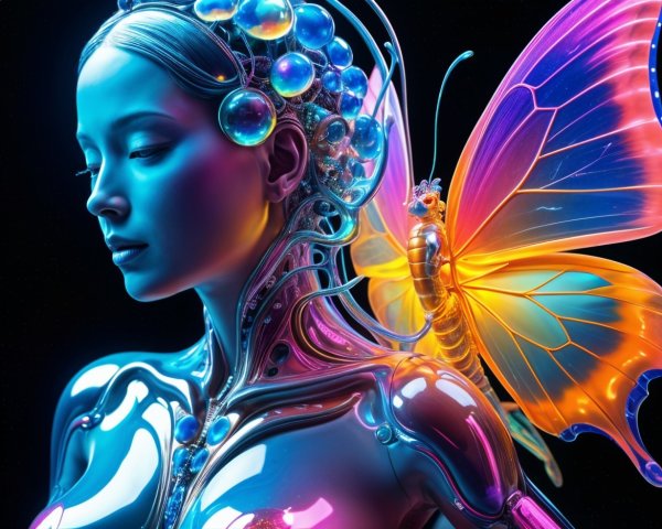 Futuristic Figure with Metallic Body and Luminous Butterfly