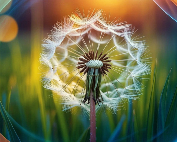 Close-up of a dandelion puffball with seeds and light