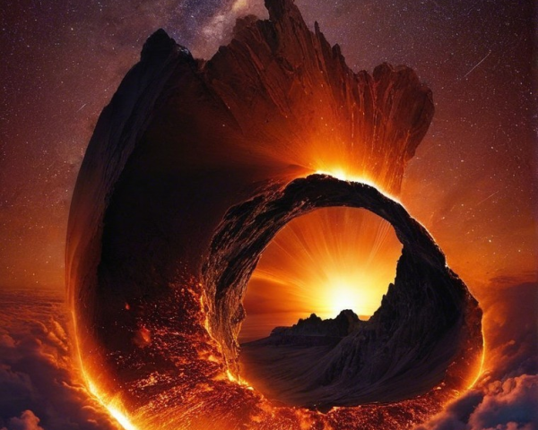Surreal Landscape with Fiery Circular Formation and Stars