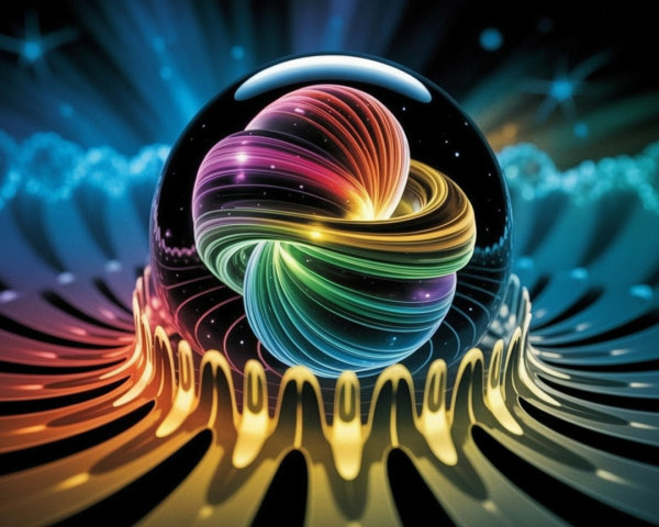 Vibrant Sphere with Swirling Rainbow Design and Waves