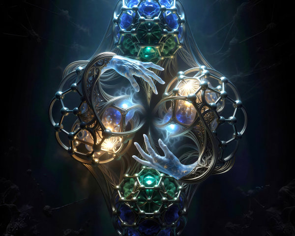Symmetrical Metallic Humanoid with Energy Orbs and Patterns