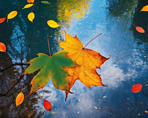 Vibrant Autumn Leaves Floating on Calm Water
