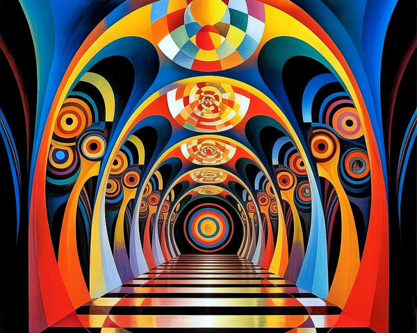 Vibrant Abstract Hallway with Colorful Arches and Patterns