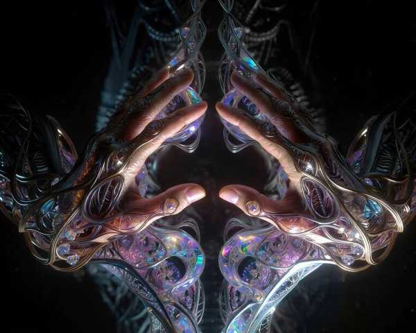 Close-Up of Futuristic Biomechanical Hands Reaching Out