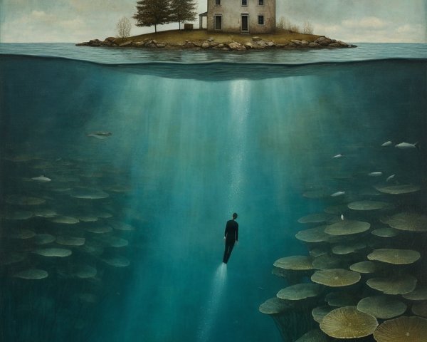 Surreal Underwater Scene with House and Swimmers