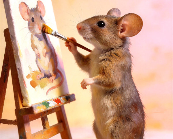 Mouse Painting a Portrait on an Easel with Palette