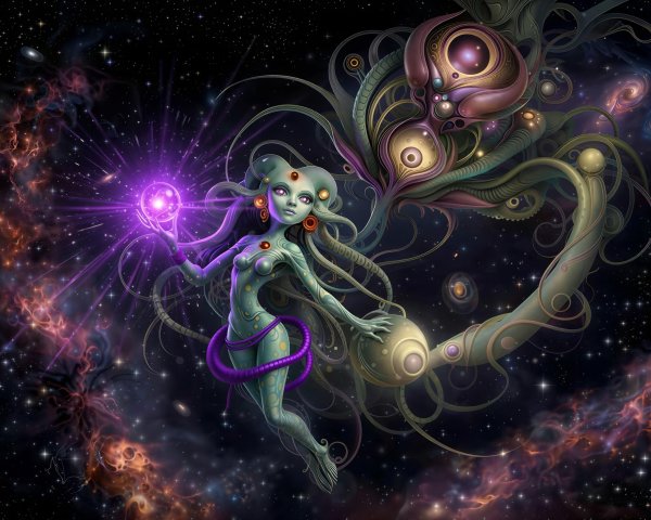 Cosmic Entity with Green Skin and Glowing Orb in Space