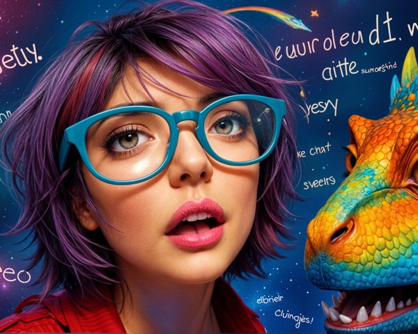 Young woman with purple hair and blue glasses in fantasy scene