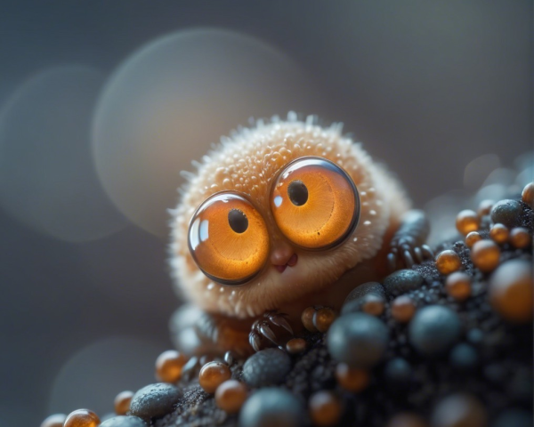 Fluffy Creature with Amber Eyes on Textured Surface