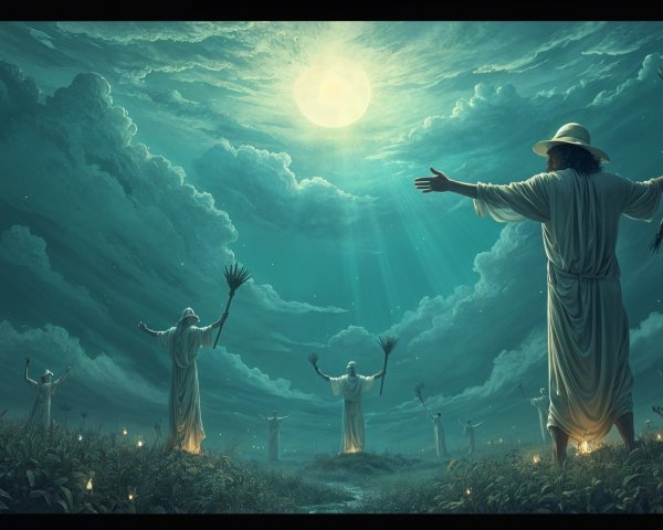 Figures in White Robes Under a Full Moon Landscape