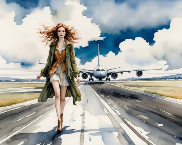 Elegant Woman on Airport Runway with Airplane Background