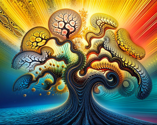 Intricate Fractal Tree with Colorful Glowing Leaves