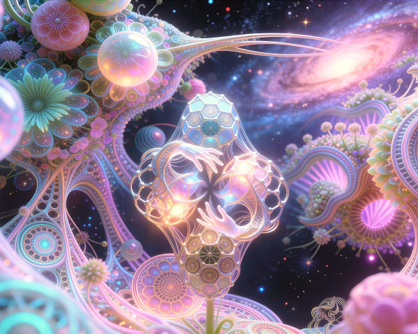 Cosmic Garden with Pastel Colors and Bioluminescence