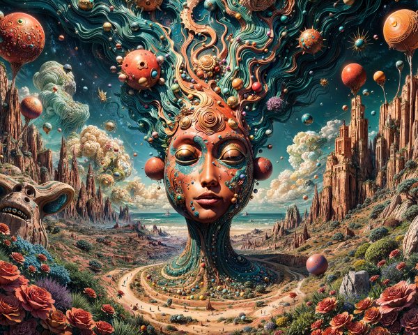 Surreal Landscape with Colossal Face and Vibrant Flora