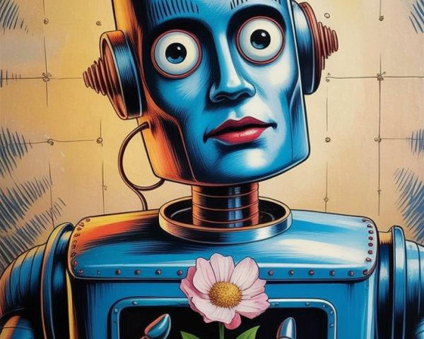 Stylized Robot Holding a Flower in Abstract Background