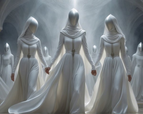 Ethereal Figures in White Robes in Mystical Setting