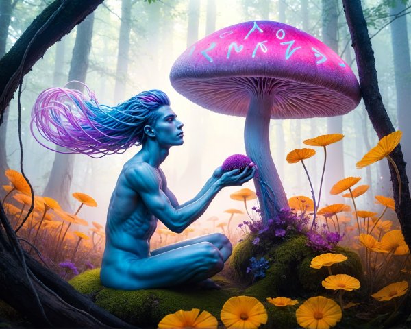 Surreal Figure in Mystical Forest with Luminescent Mushroom
