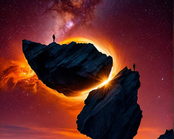 Surreal Landscape with Floating Rock Formations and Night Sky