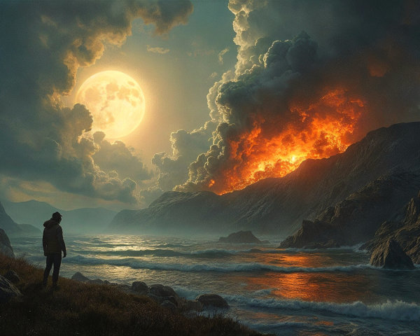 Lone Figure on Rocky Shore with Erupting Lava and Moon